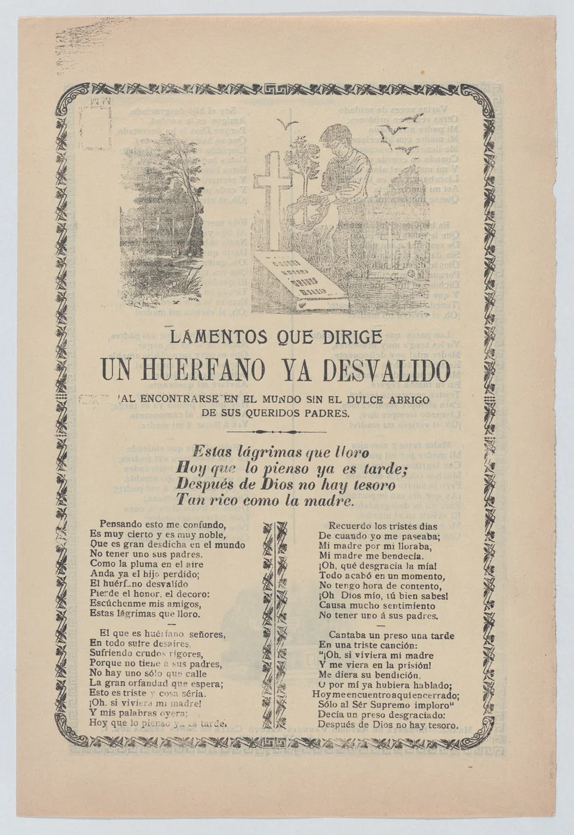 Broadsheet relating to the plight of an orphan, young boy standing at the graves of his parents in a cemetery by José Guadalupe Posada, print, 1895-1905