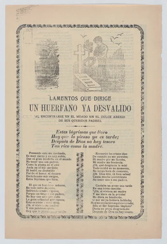 Broadsheet relating to the plight of an orphan, young boy standing at the graves of his parents in a cemetery by José Guadalupe Posada, print, 1895-1905