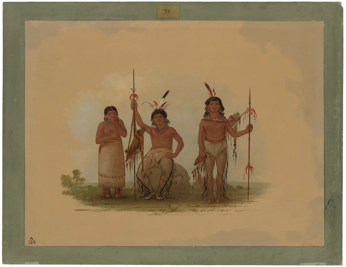 Two Arapaho Warriors and a Woman by George Catlin, painting, 1861-1869