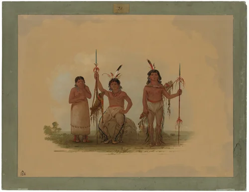 Two Arapaho Warriors and a Woman by George Catlin, painting, 1861-1869