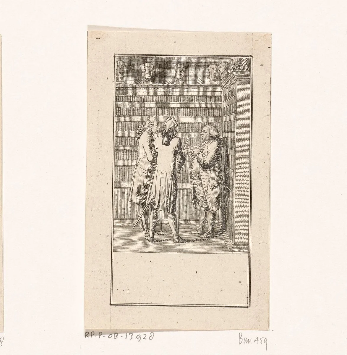 Drie mannen in een bibliotheek by Daniel Nikolaus Chodowiecki, print, 1778