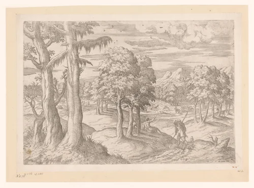 Landschap met herten en jagers by Unknown, print, 1550-1575