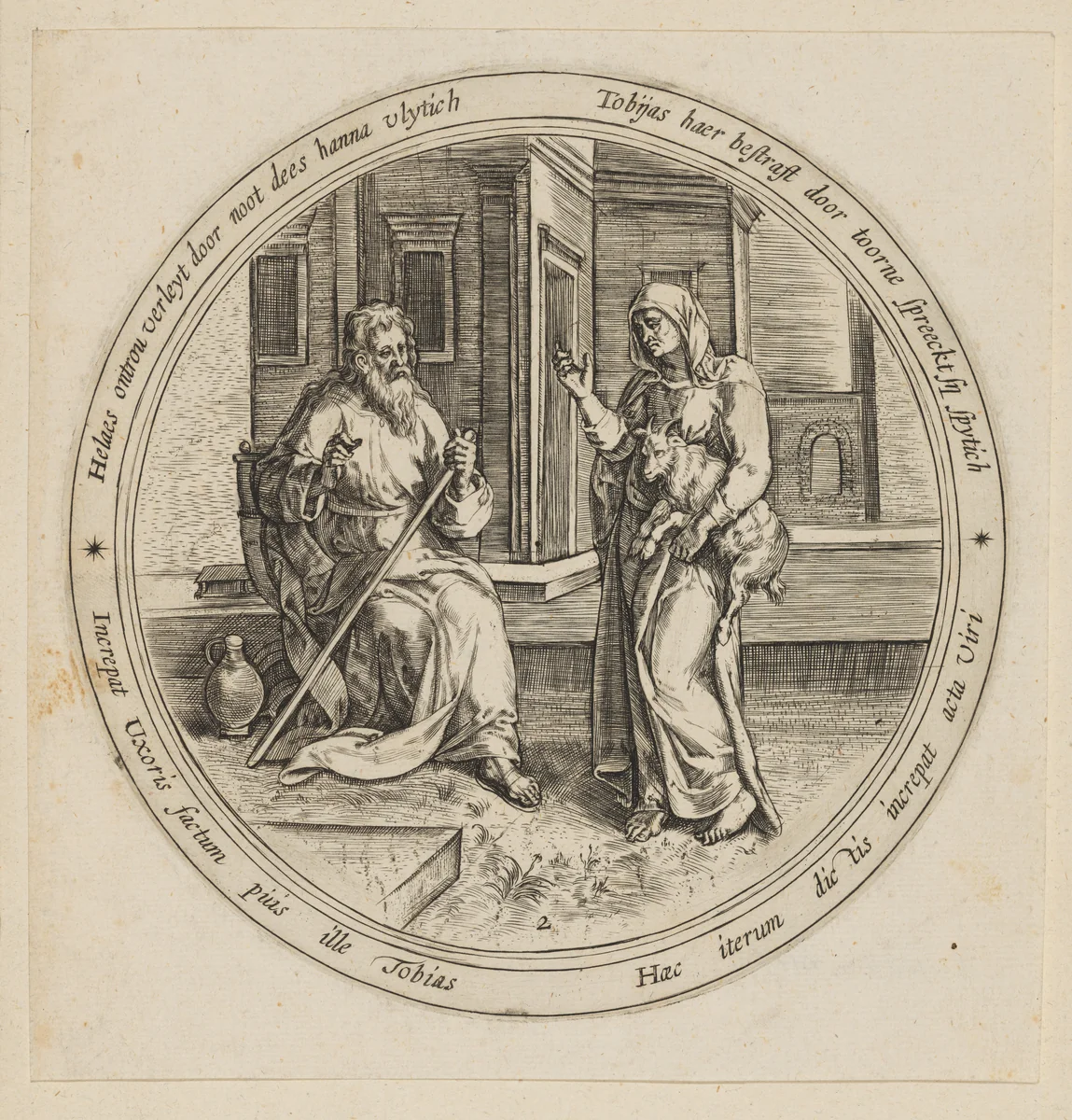 Tobit's Blindness, from "The Story of Tobit", a set of twelve plates by Crispijn van den Broeck, print, 1570-1580
