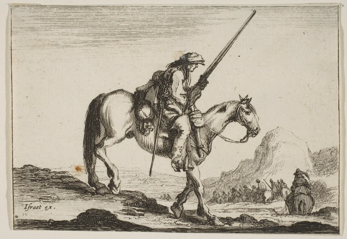 A soldier on horseback, holding a musket in his right hand, in profile descending a slope towards the right, other soldiers on horseback to right in the background, plate 12 from "Various Figures" (Agréable diversité de figures) by Stefano della Bella, print, 1642