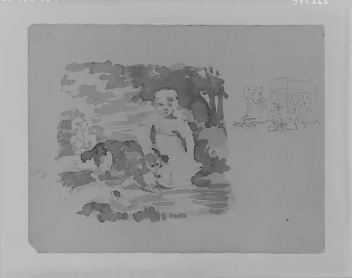 Girl and Dog; Dog and Trunk (from Sketchbook) by Thomas Sully, artwork, 1810-1820