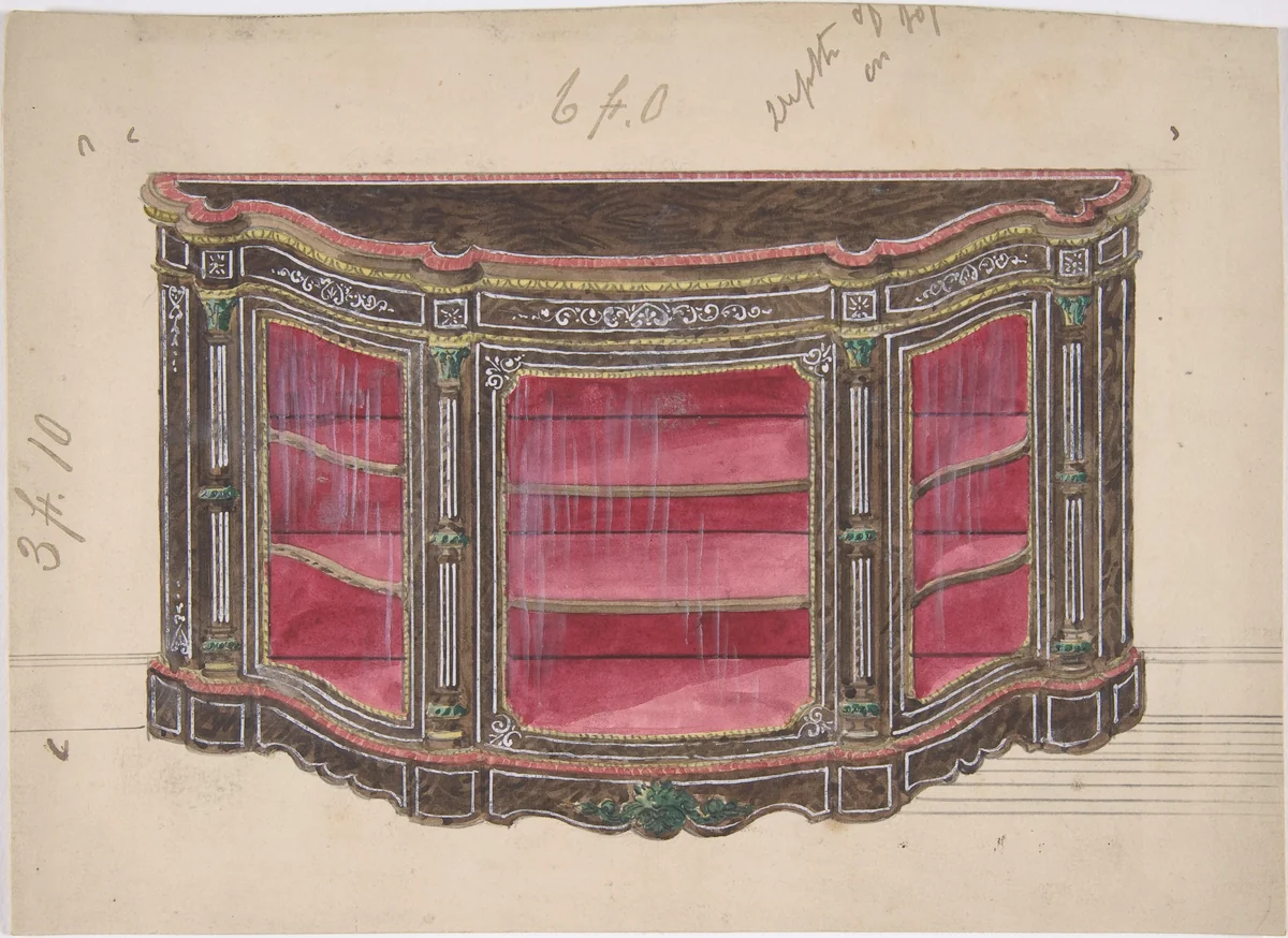 Design for a Glass Fronted Cabinet with Red Interior by anonymous, drawing, 1800-1900