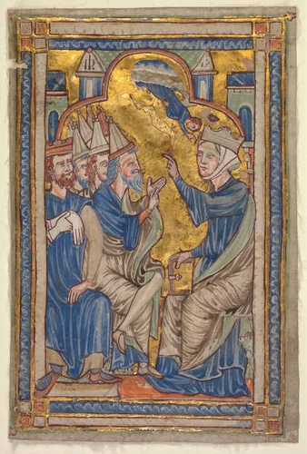 Miniature from a Compendium of Saints' Lives: Saint Catherine of Alexandria Disputing with the Fifty Philosophers by Unknown, manuscript, 1200-1210