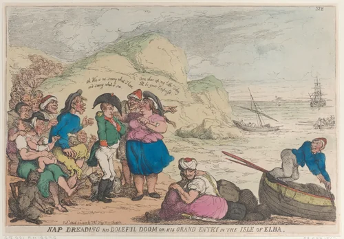 Nap Dreading His Doleful Doom or His Grand Entry in the Isle of Elba by Thomas Rowlandson, print, 1814