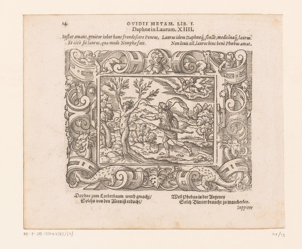 Daphne verandert in een laurierboom by Virgilius Solis, print, 1569