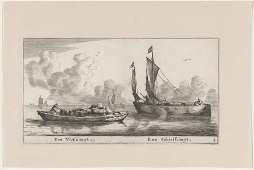 A "Vlotschuit" and a "Schietschuit" by Reinier Nooms, print, 1647-1657