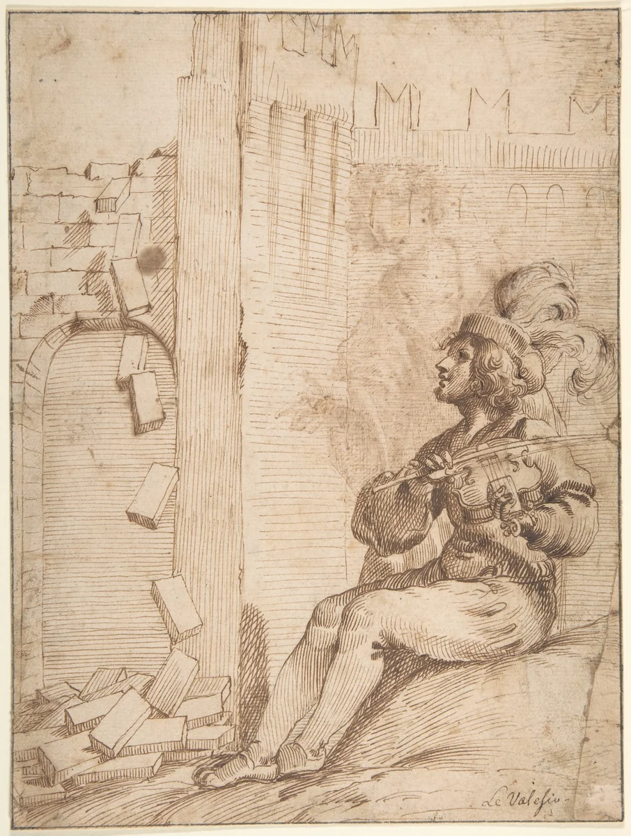 Amphion Building the Walls of Thebes by Giovanni Luigi Valesio, drawing, 1595-1633
