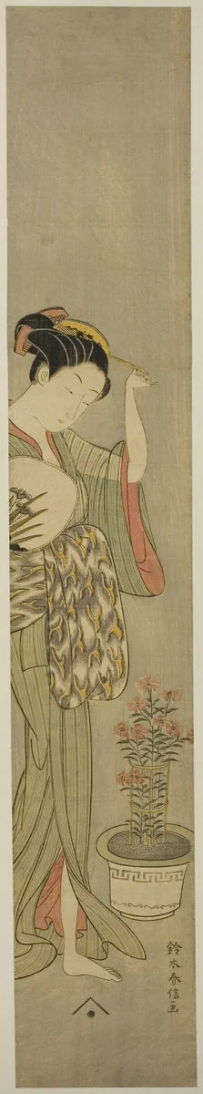 Beauty Adjusting Her Hairpin by Suzuki Harunobu (鈴木春信), print, 1763-1770