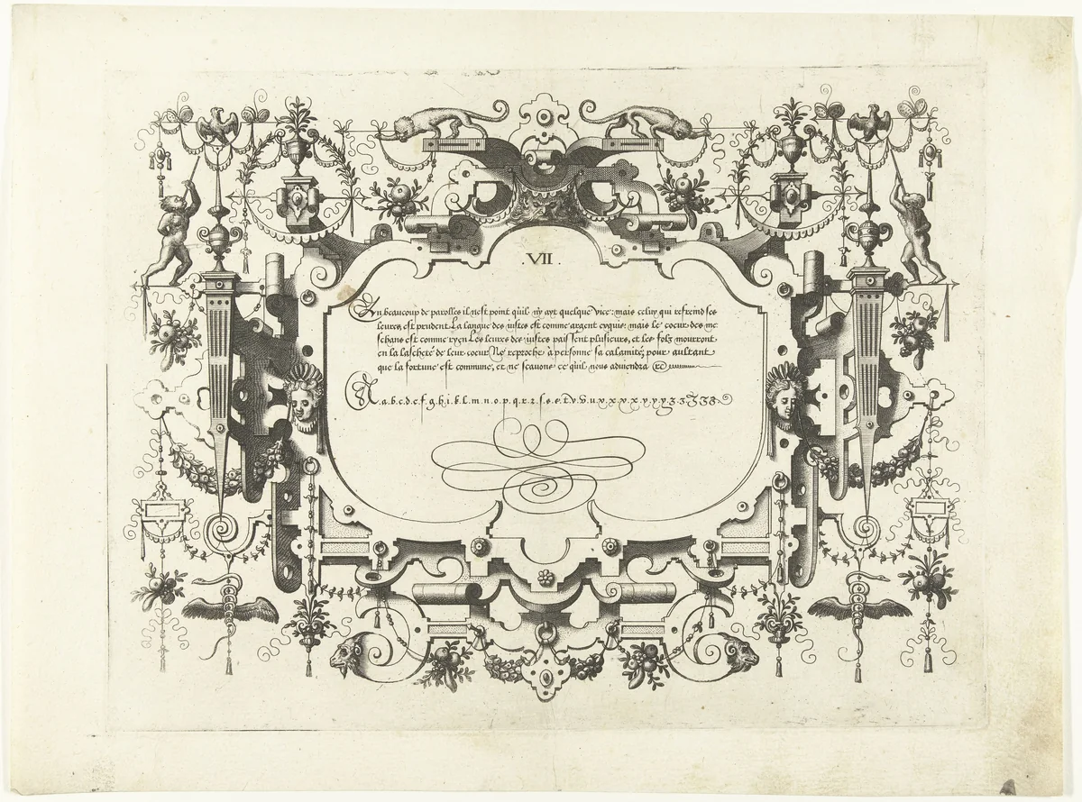 Cartouche met kalligrafie, erboven twee apen met een guirlande by Johannes of Lucas van Doetechum, print, 1569