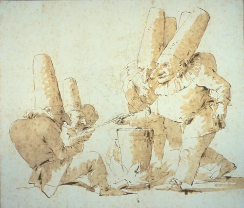 Punchinellos Cooking and Tasting Gnocchi (Punchinellos' Repast) by Giovanni Battista Tiepolo, drawing, 1740-1752