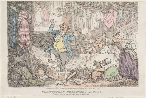 Christopher Crabtree in the Suds: "Dear, dear what can the matter be" by Thomas Rowlandson, print, 1807