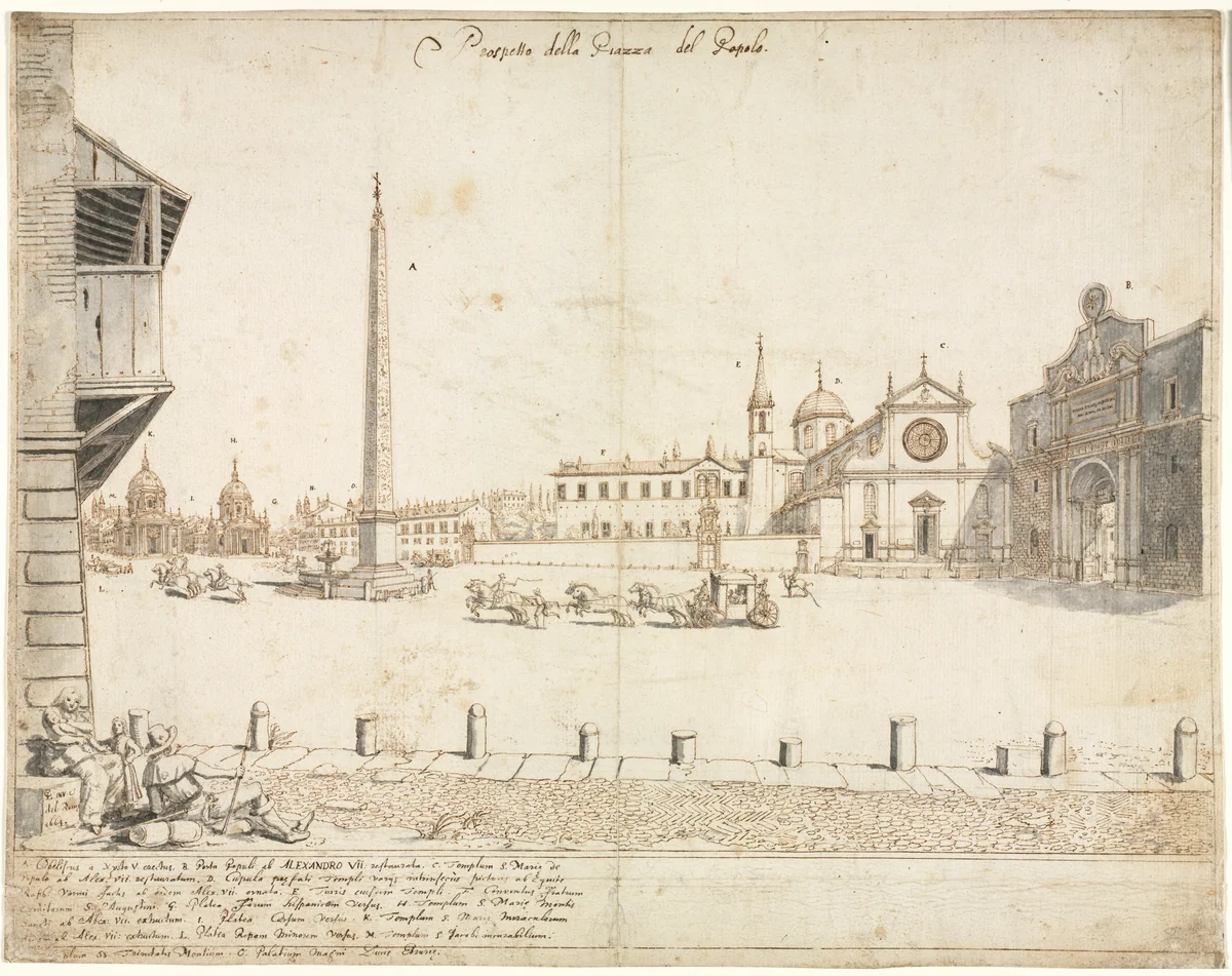 Eighteen Views of Rome: The Piazza del Popolo (recto) by Lievin Cruyl, drawing, 1664