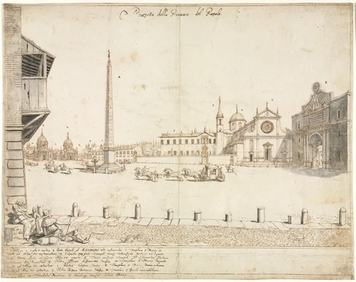 Eighteen Views of Rome: The Piazza del Popolo (recto) by Lievin Cruyl, drawing, 1664