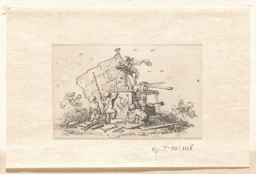 Putti bij symbolen met betrekking tot de VOC, kamer van Amsterdam en de Franse haan by Jurriaan Andriessen, drawing, 1752-1819