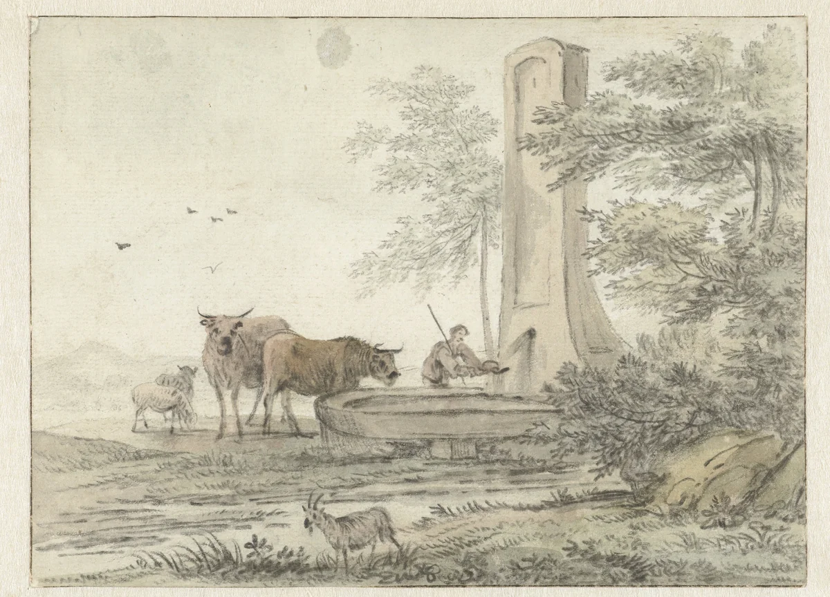 Italianate Landscape with Herder and his Cattle and Sheep at a Fountain by Hendrik van der Straaten, drawing, 1685-1689