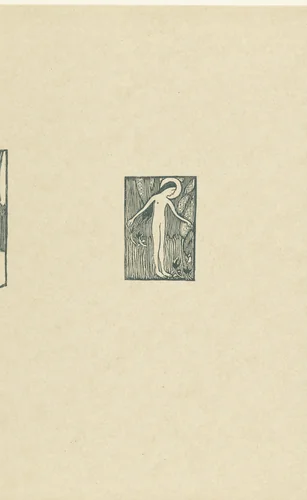 Illustratie met naakte vrouwelijke heilige staand bij boom bij gedicht in dichtbundel van Paul Verlaine by Maurice Denis, print, 1895