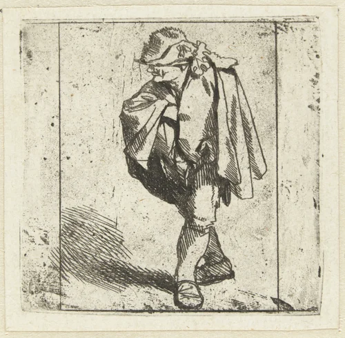 Staande man met de rechterhand op de borst in zijn mantel gestoken by Cornelis Pietersz. Bega, print, 1642-1664