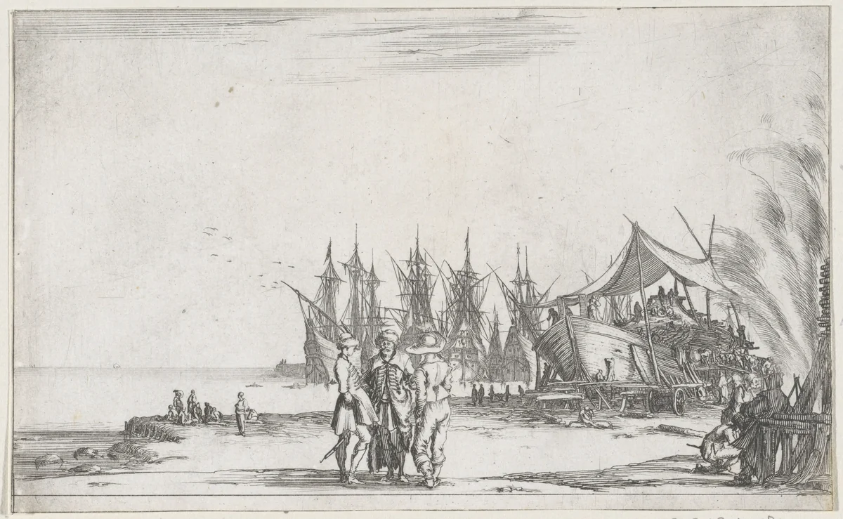 Drie mannen pratend op de kade by Stefano della Bella, print, 1634