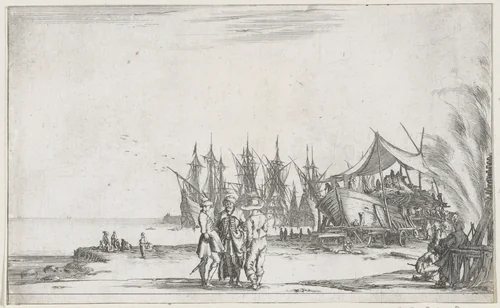 Drie mannen pratend op de kade by Stefano della Bella, print, 1634