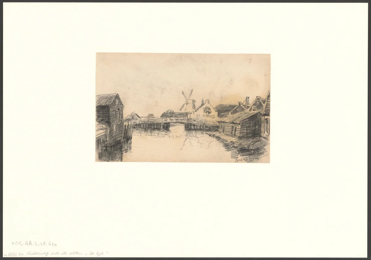 Gezicht op de Middenweg met molen De Bijl by Anthonie van Teijn, drawing, 1873-1943
