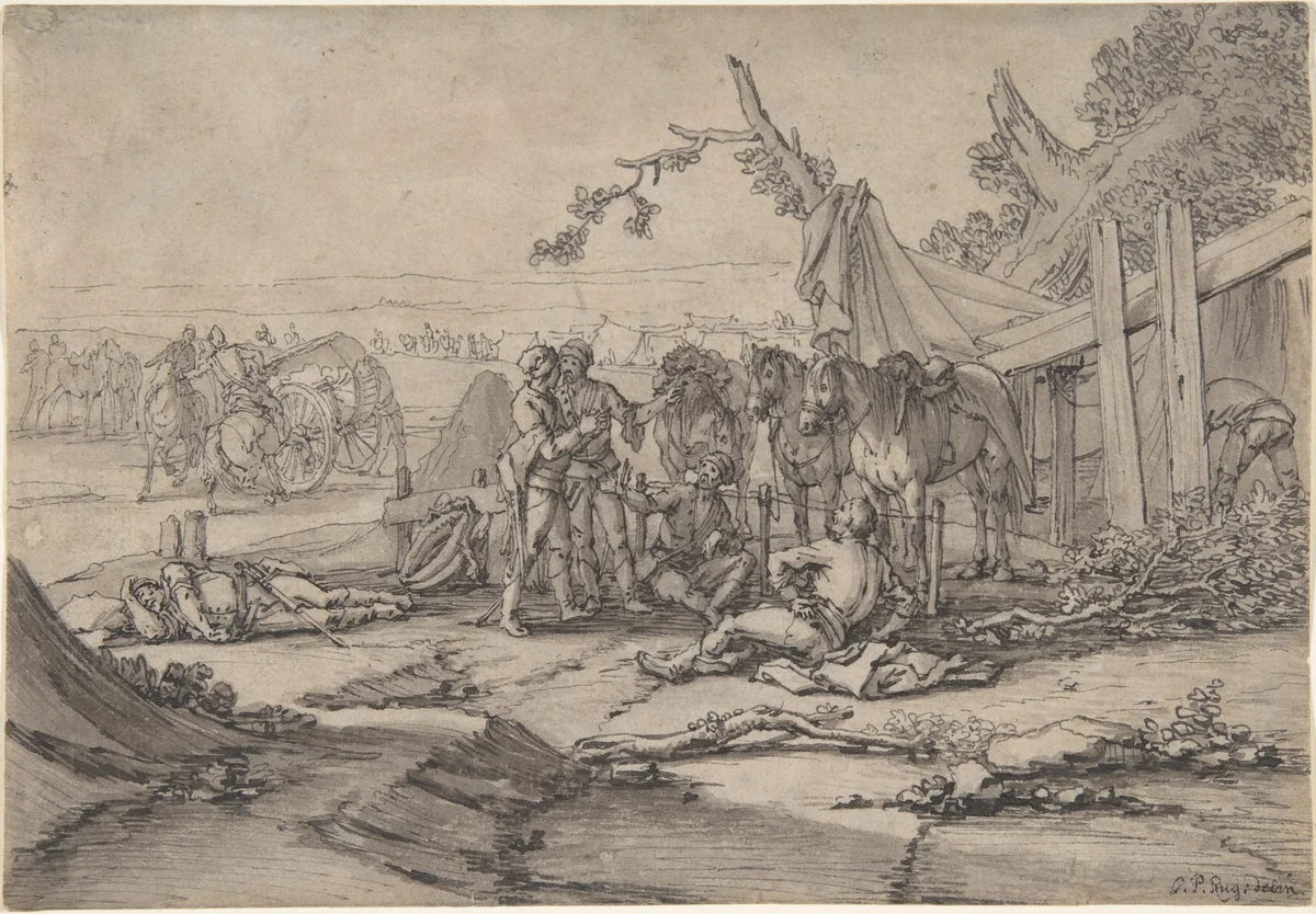 Cavalry Men at Rest by Georg Philipp Rugendas, drawing, 1680-1743