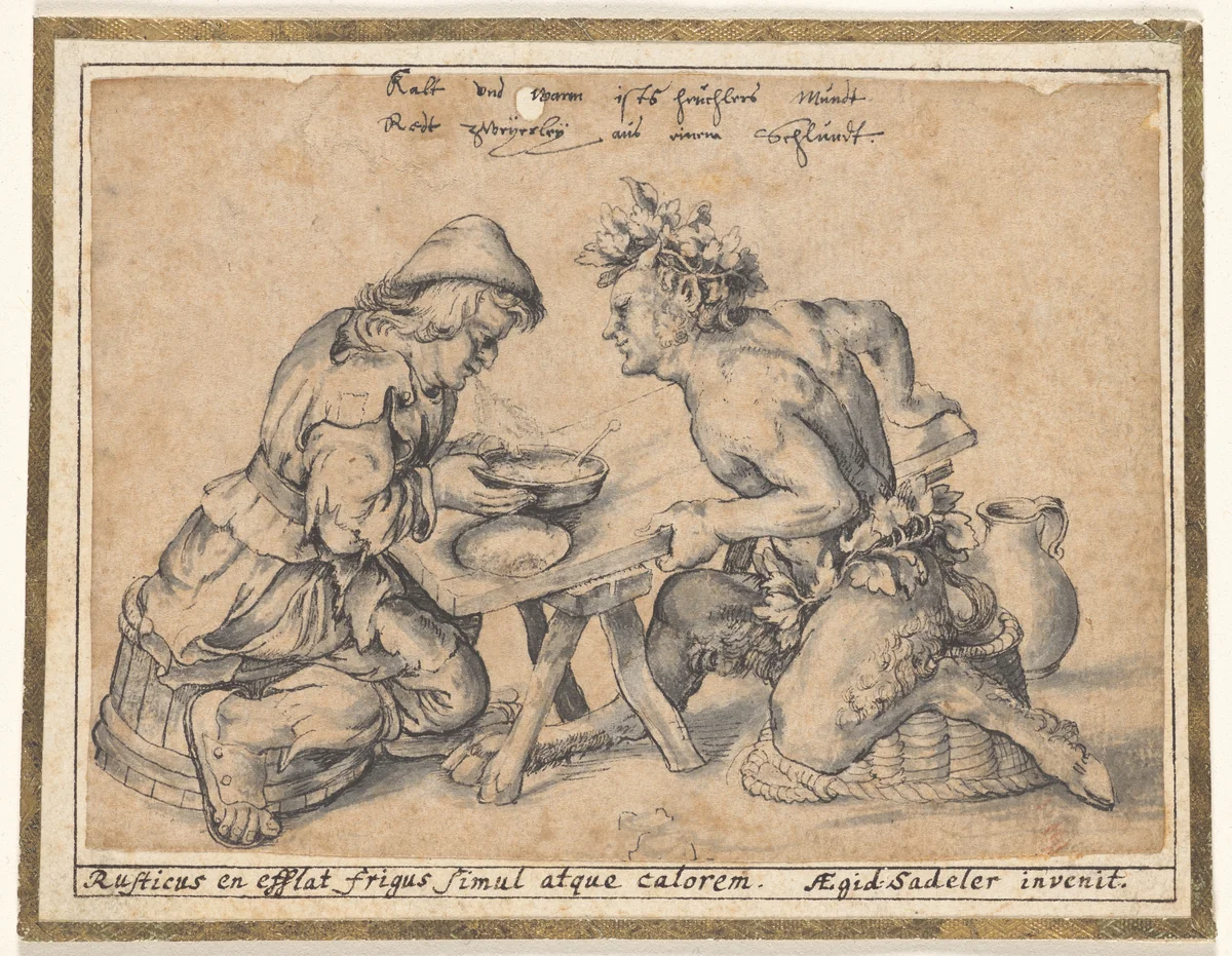 The Peasant Who Blew Hot and Cold (copy after Aegidius Sadeler) by Aegidius Sadeler, drawing, 1605-1615