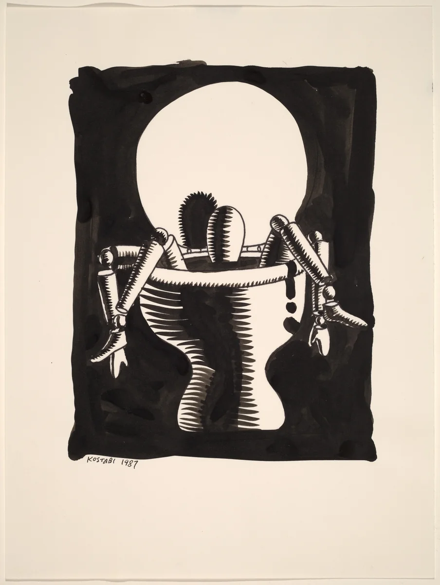 Puppet in Toilet by Mark Kostabi, drawing, 1987