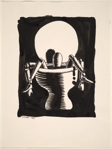 Puppet in Toilet by Mark Kostabi, drawing, 1987