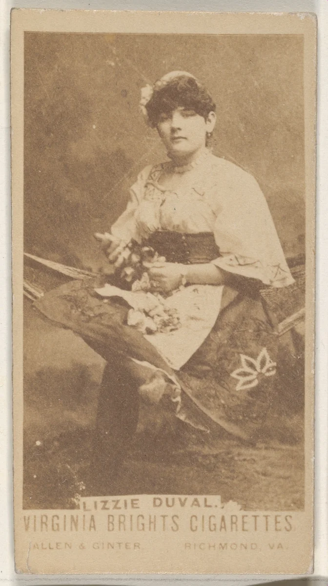 Lizzie Duval, from the Actors and Actresses series (N45, Type 1) for Virginia Brights Cigarettes by Allen & Ginter, photograph, 1885-1891