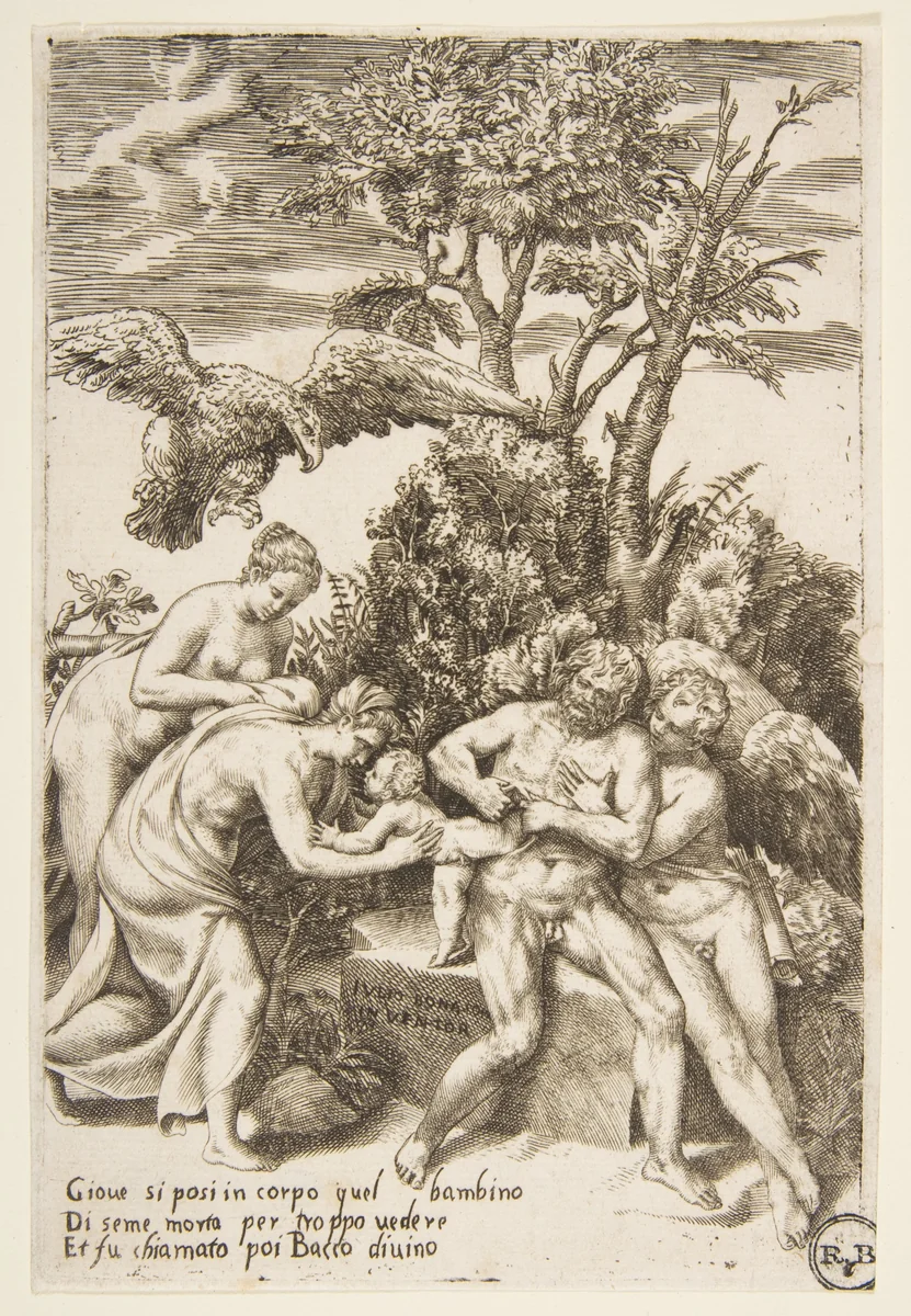 The Birth of Bacchus, from "The Loves of the Gods" by Giulio Bonasone, print, 1526-1536