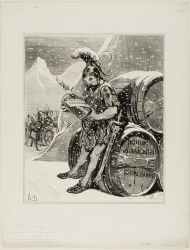 Hannibal's Crossing. These lofty mountains where the crested snow resembles the white forehead of a giant trembles to forge a road, with a triumphant song Hannibal turned the Alps into cornichon. (Les Occidentals by Mr. Quinet), plate 28 from Histoire Ancienne by Honoré-Victorin Daumier, print, 1842