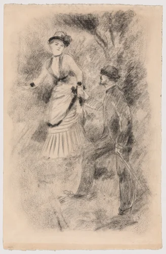 The Descent from the Summit: Jean Martin Steadies Hélène, the Banker’s Daughter (Illustration for Edmond Renoir’s “L’étiquette”) (recto); Half-Length Sketch of a Woman (verso) by Pierre-Auguste Renoir, drawing, 1881