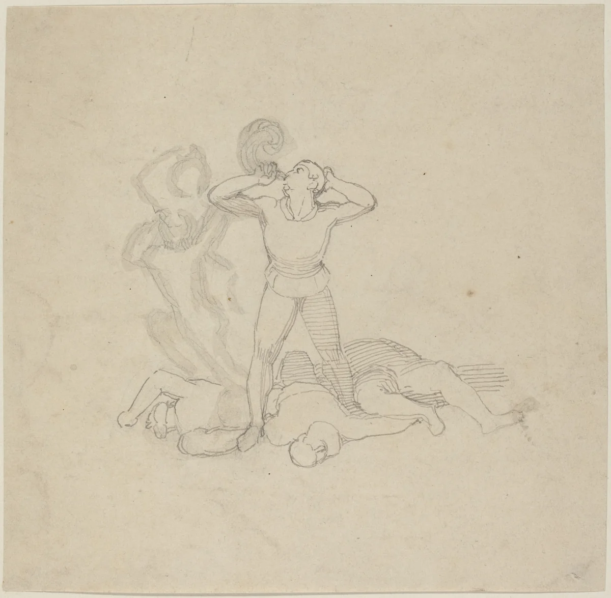 Figure Standing over Corpses, Blowing a Horn by John Flaxman, drawing, 1795
