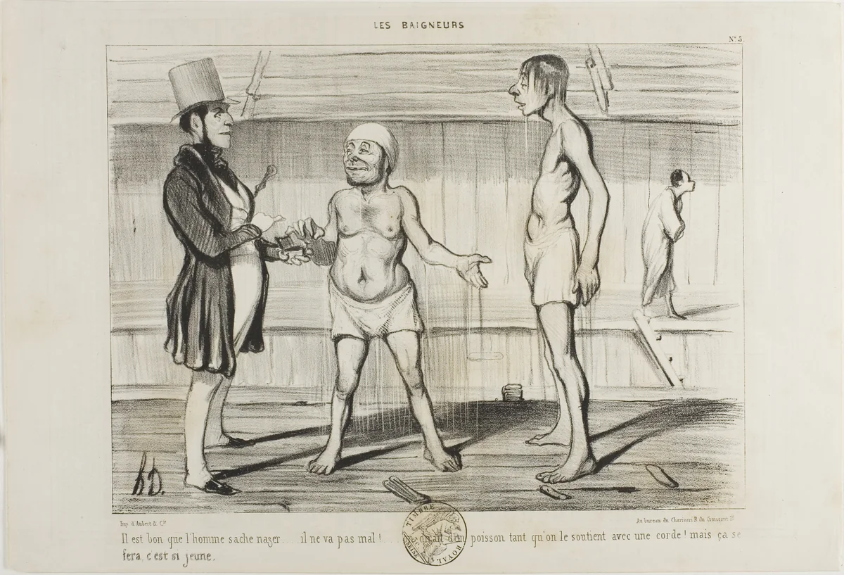 “It's important for a man to know how to swim. He is not doing so badly for a start. You could think it's a fish, at least while he is attached to the cord. But he'll learn it… he is still young!,” plate 5 from Les Baigneurs by Honoré-Victorin Daumier, print, 1839