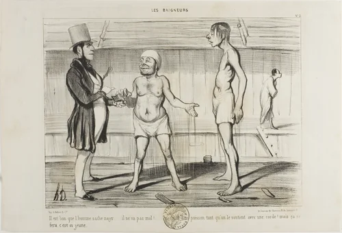 “It's important for a man to know how to swim. He is not doing so badly for a start. You could think it's a fish, at least while he is attached to the cord. But he'll learn it… he is still young!,” plate 5 from Les Baigneurs by Honoré-Victorin Daumier, print, 1839
