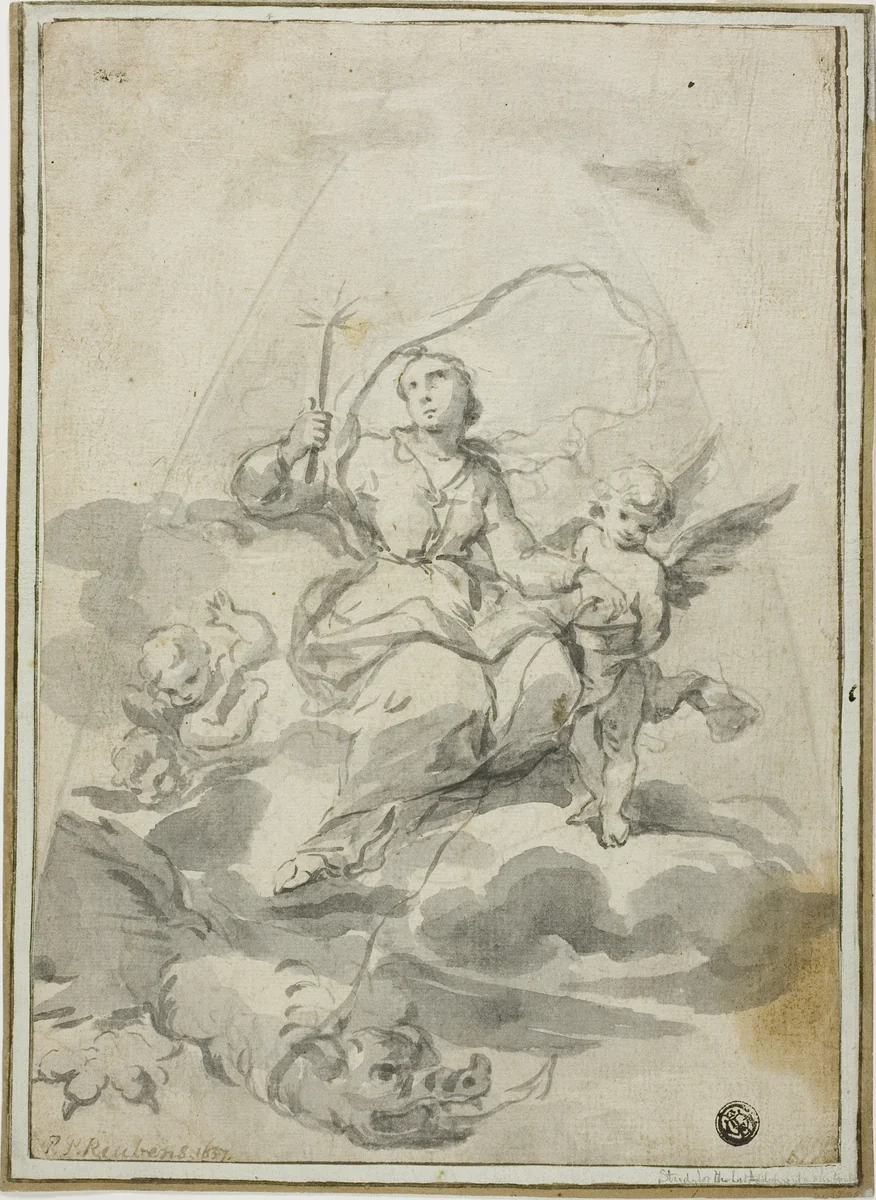 Saint Margaret by Godfried Maes or Peter Paul Rubens, drawing, 1669-1700