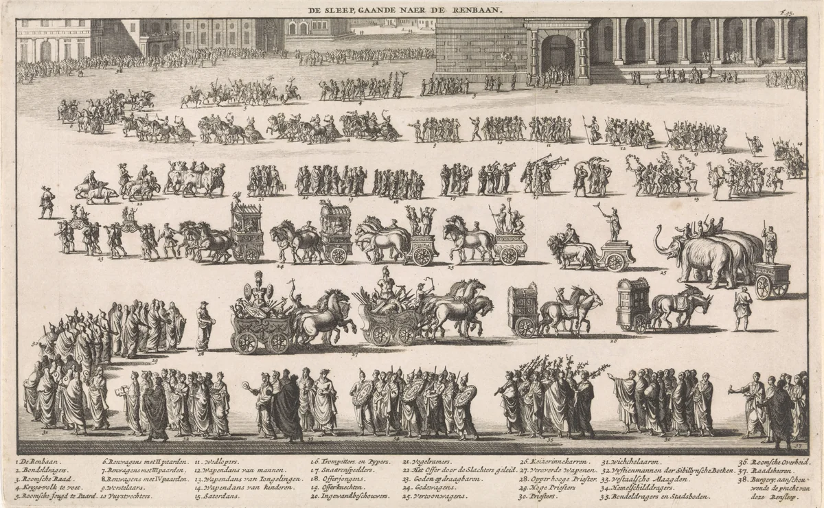 Feestelijke Romeinse optocht richting het amfitheater by Jan Luyken, print, 1697