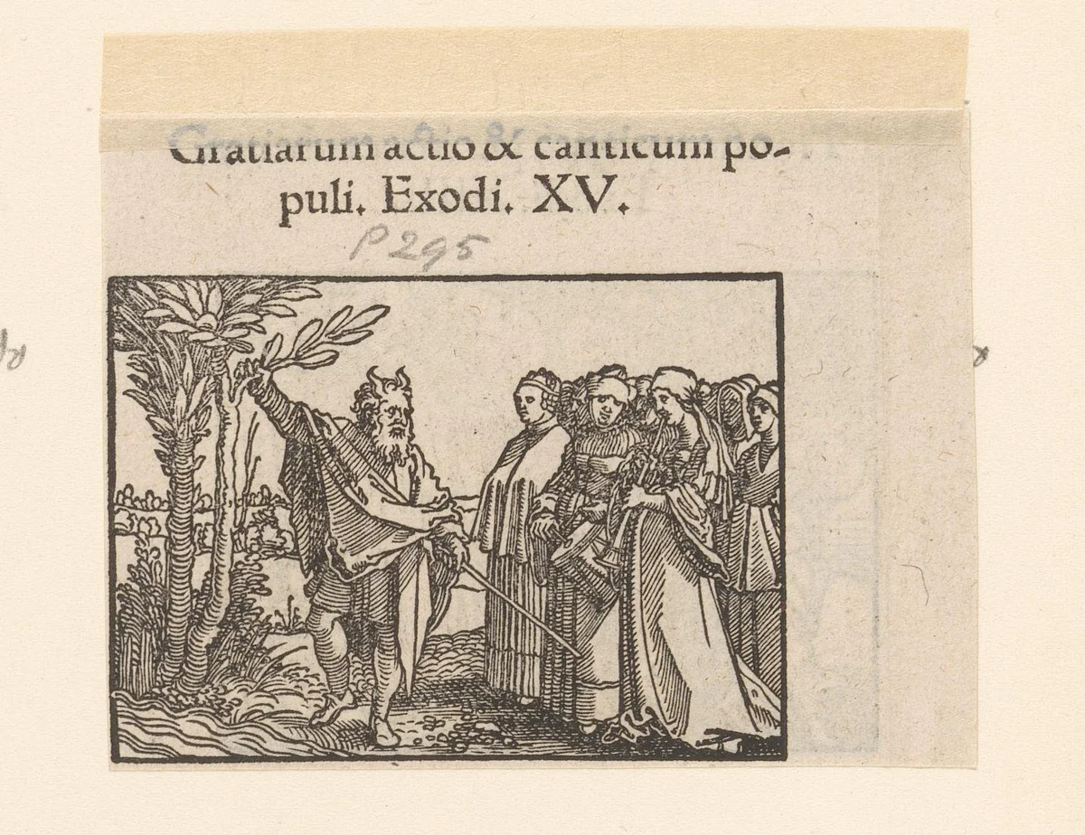 Mozes staande bij een boom met zingende en dansende vrouwen by anonymous, print, 1530-1533