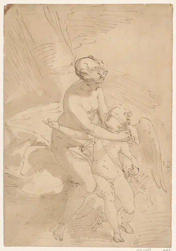 Venus Blindfolding Cupid by School of Cambiaso, drawing, 1571-1600