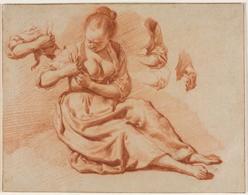 Seated Woman Searching for Fleas by Adriaen van de Velde, drawing, 1666-1676