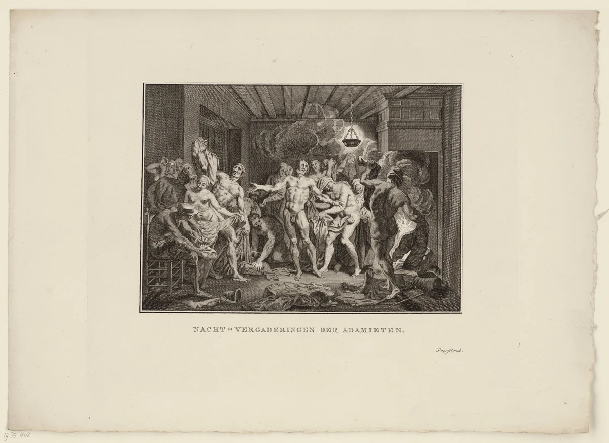 Naakte Adamieten in donker interieur bij brandende olielamp by Jan Lucas van der Beek, print, 1763-1818