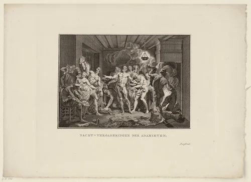 Naakte Adamieten in donker interieur bij brandende olielamp by Jan Lucas van der Beek, print, 1763-1818