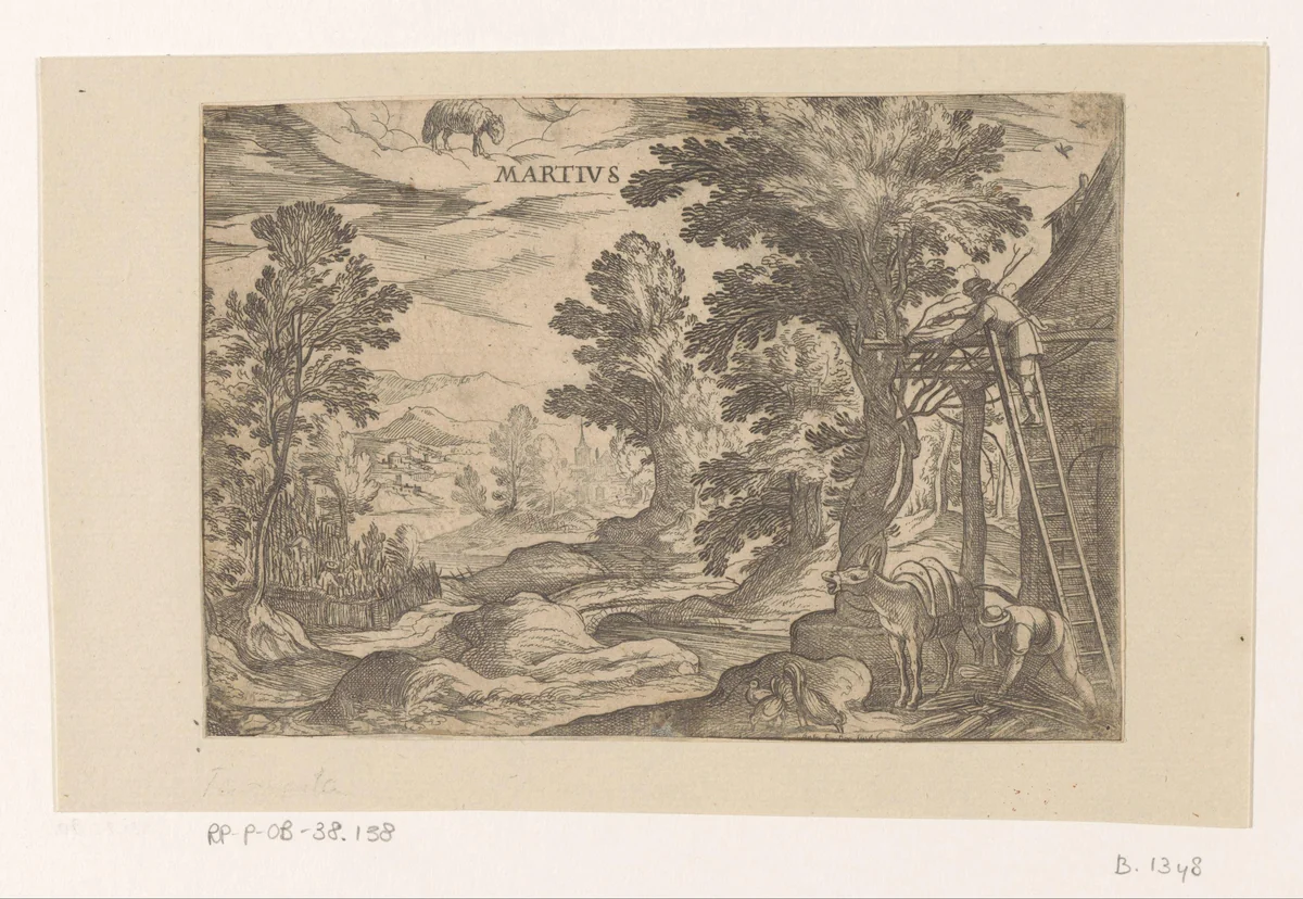 Maart: plattelandsscène met muildier en gevogelte (ram) by Unknown, print, 1575-1613