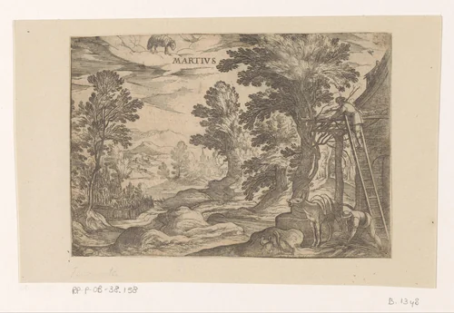 Maart: plattelandsscène met muildier en gevogelte (ram) by Unknown, print, 1575-1613