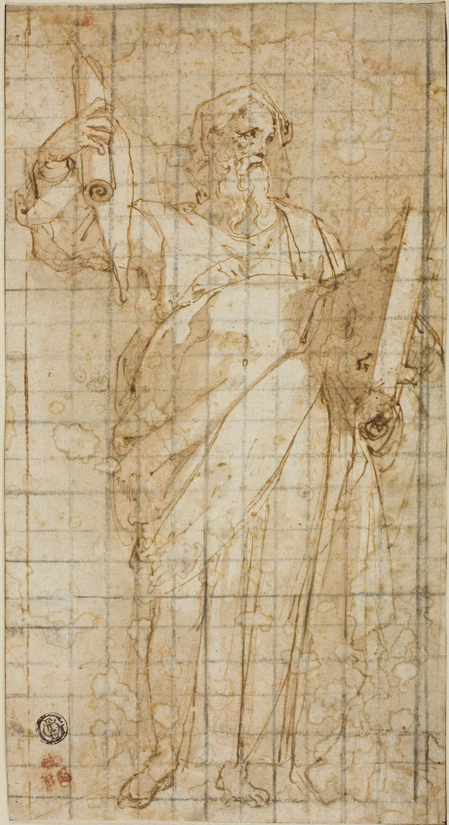 Standing Prophet with a Book and Scroll by Taddeo Zuccaro, drawing, 1562-1566