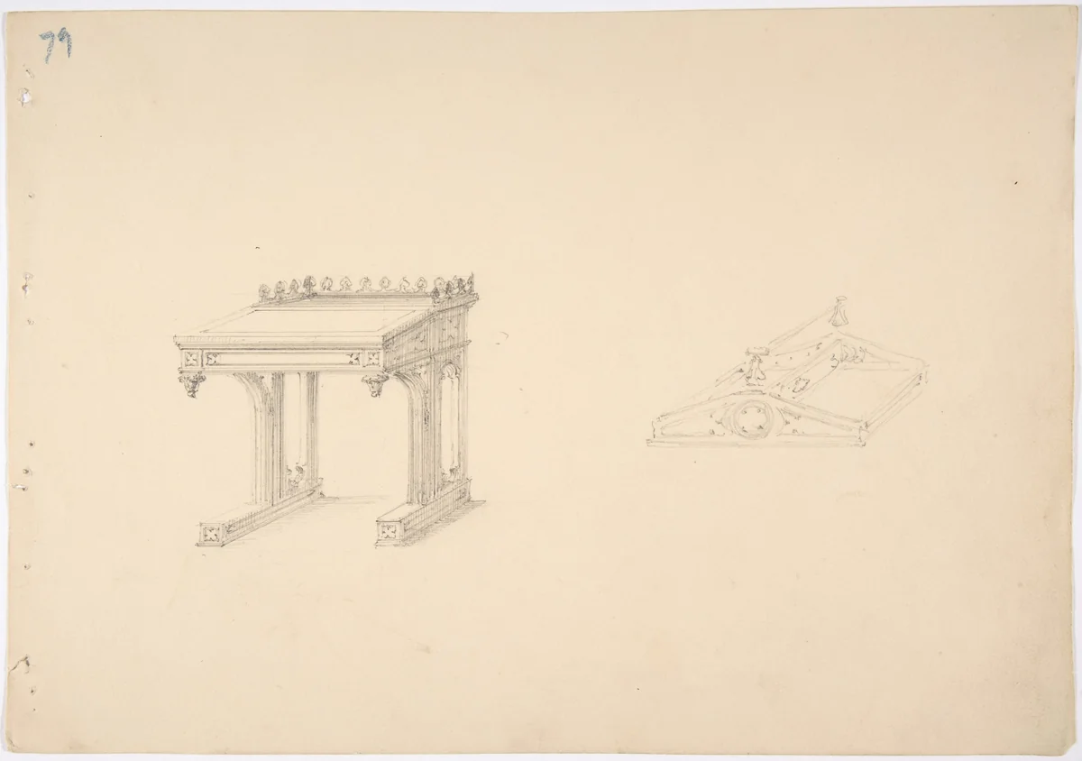 Design for a Gothic Desk and Tray by anonymous, drawing, 1800-1850